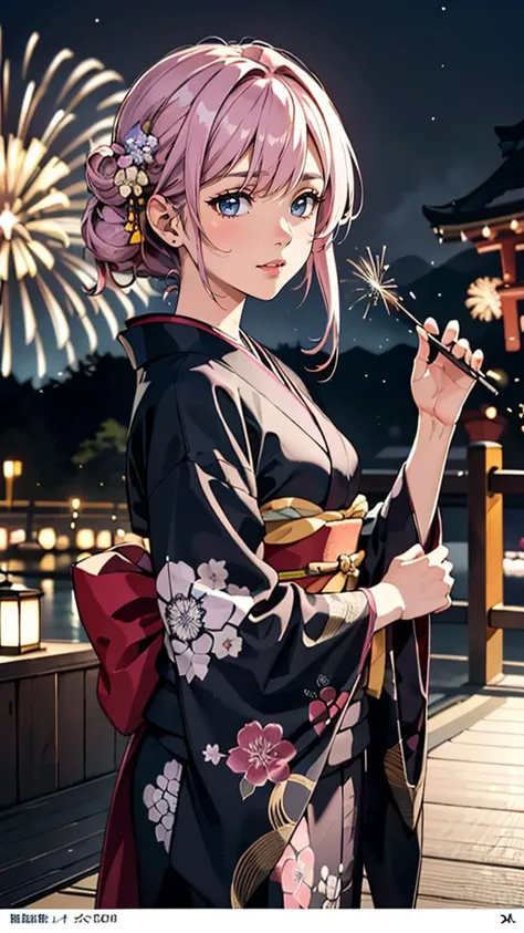 (best quality, masterpiece, colorful, dynamic angle, highest detailed) Realistic photo, fashion photography of a cute European girl with iridiscent pink hair, flirting with POV, in traditional japanese gold&black kimono, ultra detailed kimono textures, perfect night, kyoto, fireworks, (intricate details, hyperdetailed:1.15), detailed, moonlight passing through hair, (official art, extreme detailed, highest detailed), HDR+