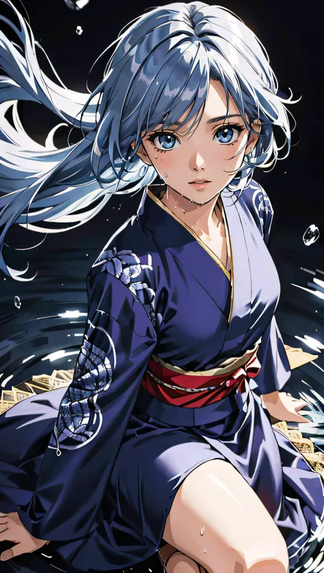 (best quality, masterpiece, colorful, dynamic angle, highest detailed)full body photo, ull body photo epic realistic, (close up), 1girl, floating blue_hair, long hair, (water:0.7), waterdrop, wet, holding_katana, blue_kimono with intricate pattern, ultra detailed, (textured_clothing), black_background, (intricate details, hyperdetailed:1.15), detailed, light passing through hair, (official art, extreme detailed, highest detailed),