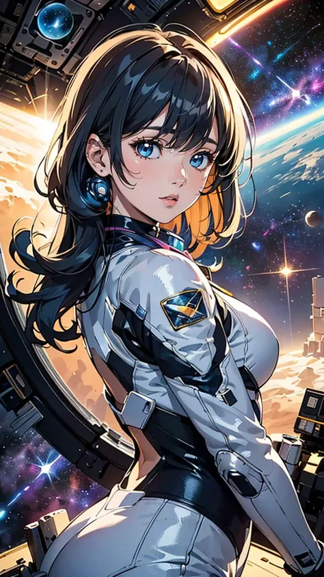 (best quality, masterpiece, colorful, dynamic angle, highest detailed) fashion photography of cute astronaut girl with long iridiscent colorful hair, in space (intricate details, hyperdetailed:1.15), detailed, sunlight passing through hair, (beautiful galaxy background), (official space art, extreme detailed, highest detailed), HDR+