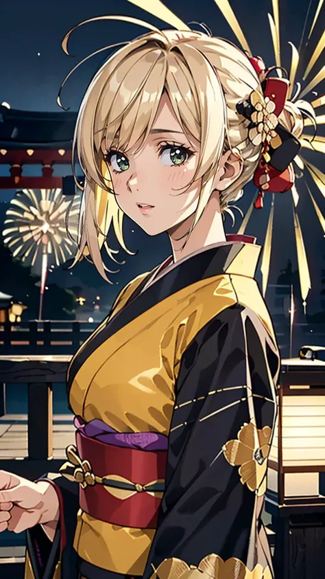 (masterpiece, best quality, highres:1.2), (intricate and beautiful:1.2), (detailed light:1.2), (colorful, dynamic angle), upper body shot, fashion photography of a cute young European girl with iridiscent blonde hair, flirting with POV, in traditional japanese gold&black kimono, ultra detailed kimono textures, Tokyo, fireworks, soft light passing through hair, (official art), (cinematic),