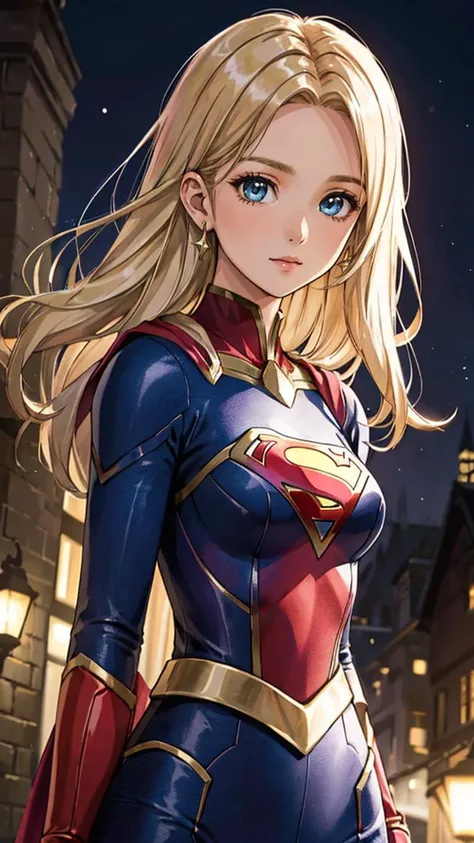 (best quality, masterpiece, colorful, dynamic angle, highest detailed)(Supergirl), upper body photo, fashion photography of cute blonde long hair girl (Supergirl), dressing high detailed Supergirl suit (high resolution textures), in dynamic pose, bokeh, (intricate details, hyperdetailed:1.15), detailed, moonlight passing through hair, perfect night, (fantasy background), (official art, extreme detailed, highest detailed), HDR+