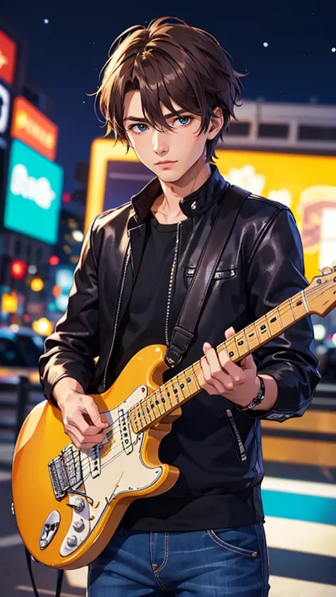 (best quality, masterpiece, colorful, highest detailed) upper body photo, fashion photography of cute photo, (1 gorgeuos italian man), in high detailed leather black jacket and jeans, short hair, photogenic, playing guitar, fender stratocaster, New York city, ultra high details, dawn, bokeh background, perfect night, (night beautiful background:1.3), (intricate details), (dynamic angle), dim colors,