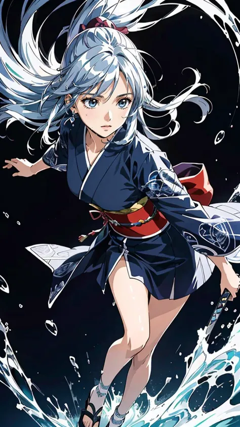 (best quality, masterpiece, colorful, dynamic angle, highest detailed)full body photo, photo epic realistic, (close up), 1girl, floating blue_hair, long hair, (water:0.7), waterdrop, wet, holding_katana, blue_kimono with intricate pattern, ultra detailed, (textured_clothing), black_background,  (intricate details, hyperdetailed:1.15), detailed, light passing through hair, (official art, extreme detailed, highest detailed),