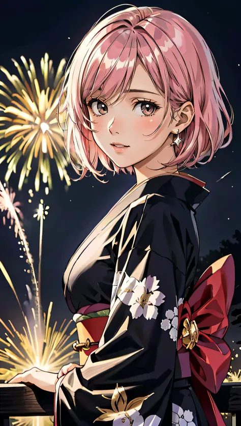 (best quality, masterpiece, colorful, dynamic angle, highest detailed) Realistic photo, fashion photography of a cute European girl with iridiscent pink hair, flirting with POV, in traditional japanese gold&black kimono, ultra detailed kimono textures, perfect night, kyoto, fireworks, (intricate details, hyperdetailed:1.15), detailed, moonlight passing through hair, (official art, extreme detailed, highest detailed), HDR+