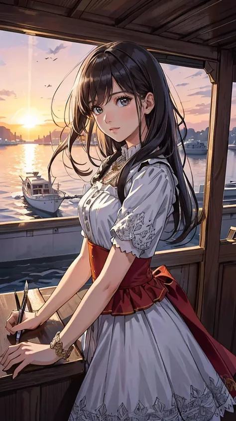 (masterpiece drawning, high quality), (solo:1.1), a digital art of a spanish girl, epic Sunrise, boat port, (soft lighting), Porta 160 color, shot on Leica T, sharp focus on subject, shot by Candida Höfer, Extreme detail, , (vibrant color), (intricate details), (dynamic angle)