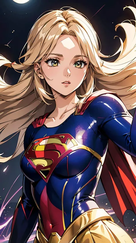 (masterpiece, best quality, highres:1.2), (intricate and beautiful:1.2), (detailed light:1.2), (colorful, dynamic angle), upper body shot, fashion photography of cute, blonde long hair girl (Supergirl), dressing high detailed Supergirl suit, flirting with POV, dynamic pose, soft moonlight passing through hair, (abstract colorful art background:1.3), (official art), (cinematic),