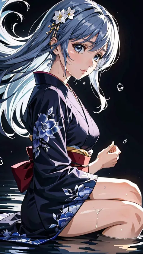 (best quality, masterpiece, colorful, dynamic angle, highest detailed)full body photo, photo epic realistic, (close up), 1girl, floating blue_hair, long hair, (water:0.7), waterdrop, wet, holding_katana, blue_kimono with intricate pattern, ultra detailed, (textured_clothing), black_background, (intricate details, hyperdetailed:1.15), detailed, light passing through hair, (official art, extreme detailed, highest detailed),