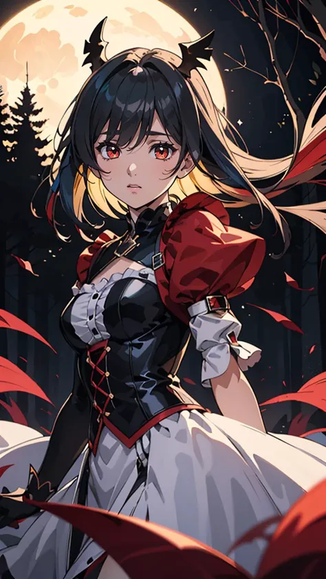 (masterpiece drawning, high quality), (solo:1.1), a digital art of a girl, (red/white/black), mistery forest, Extreme detail, morbid, (vibrant color), (cinematic),