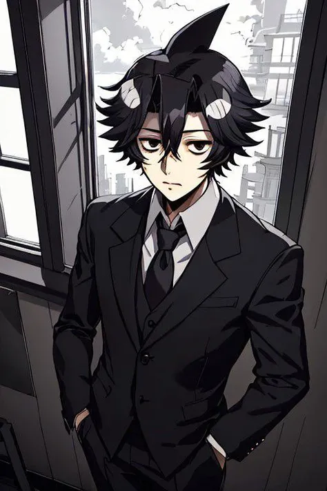 boy with cigarette, business suit, black eyes, looking down, leaning against the window, looking down, seaside, calm, fantasy character portrait, dynamic pose, above view, sunny day, thunder clouds in the sky
