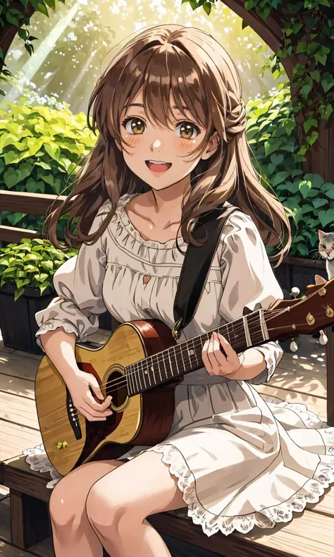 Highly detailed anime illustration of a happy girl with long brown hair, sitting on a wooden porch, playing a guitar, wearing a light beige dress with lace details, accompanied by two cats, warm sunlight creating soft highlights and shadows, detailed textures on the wooden planks and her dress, expressive and joyful facial expression, digital art, garden backdrop with lush greenery, flowers, and hanging vines, high detail, dynamic composition, cozy and peaceful atmosphere, sunbeams creating a dappled light effect
<lora:emotion_happy_slider_v1:2>