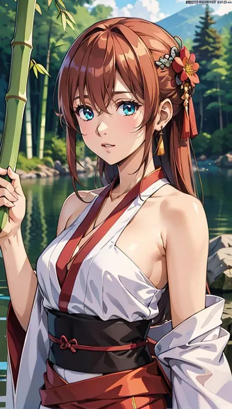 masterpiece, best quality, 1 girl, (ultra-detailed body), Azure hair, long hair, detailed eyes, forest, bare shoulders, hanfu, lakes, pure, soft bamboo, official art, 8k wallpaper, highly detailed,