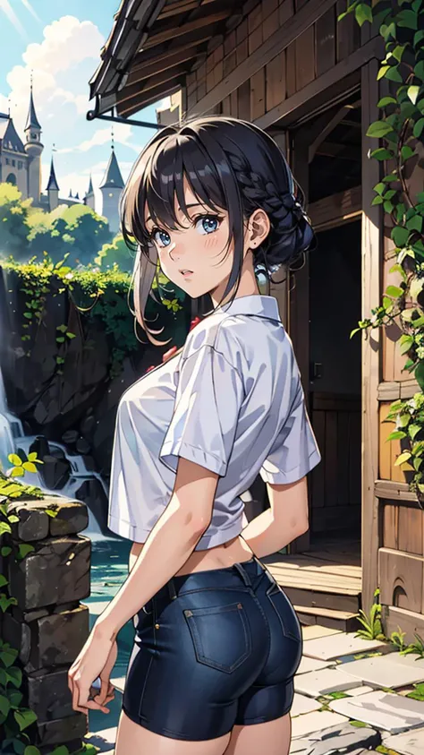 photograph of a young cute girl, (tense facial expression), goosebumps, black waterfall braid hair, oversized denim shirt with bike shorts and sneakers, multiple views, majestic fairy-tale castle with turrets drawbridges and ivy-covered walls, perfect eyes, (soft lighting), Porta 160 color, shot on Leica T, sharp focus on subject, shot by Candida Höfer, (official art), (cinematic),