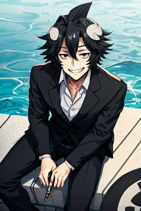 boy with cigarette, business suit, black eyes, black eyes, sitting on the floor, seaside, calm, sarcastic evil grin, sad eyes, fantasy character portrait, dynamic pose, above view, sunny day, thunder clouds in the sky,