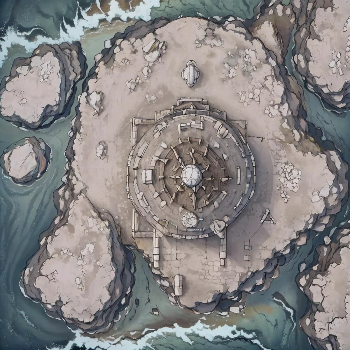 (Overhead view:1.5), round temple, sea shore, <lora:battle-maps:0.8>, <lora:City:0.3>