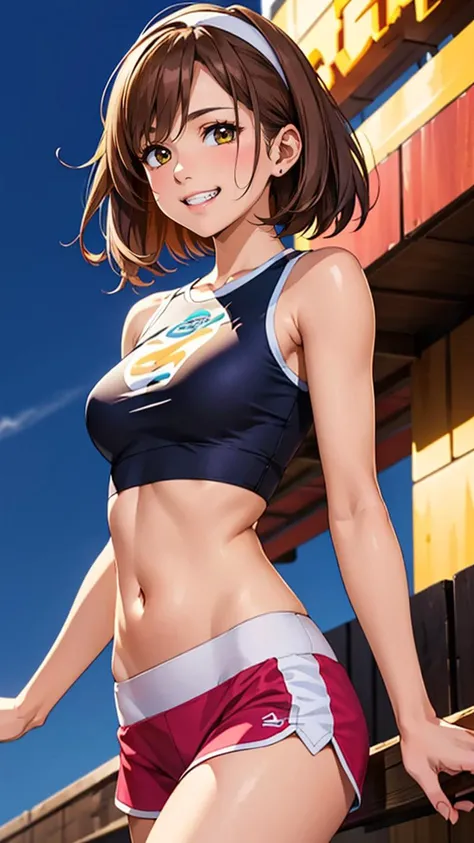 (best quality, masterpiece, colorful, highest detailed) upper body photo, fashion photography of cute 1 Venezuelan girl, very slim, skinny, atmospheric scene, solo, midriff, (light smile:0.3), navel, white crop top, brown hair, shirt, grin, outdoors, standing, [[pink headband]],[sport shorts], (ultra-detailed body), (intricate details), (dynamic angle)
