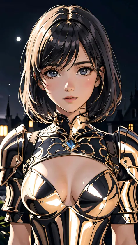 Portrait of a girl, the most beautiful in the world, (medieval gold armor), metal reflections, upper body, outdoors, intense moonlight, far away castle, professional photograph of a stunning woman detailed, perfect bobbed sexy intense black hair, sharp focus, dramatic, award winning, cinematic lighting, volumetrics dtx, (film grain, blurry background, blurry foreground, bokeh, depth of field, perfect night, interaction, Perfect chainmail), (masterpiece), (extremely intricate:1.3), (realistic), HDR+