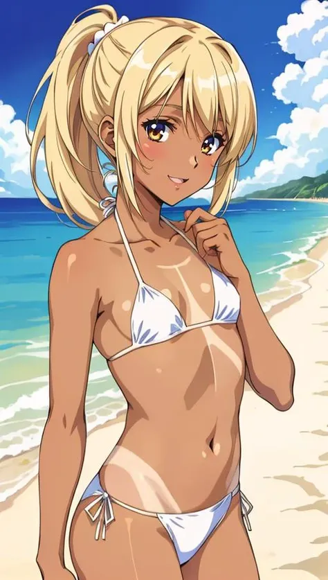 masterpiece, best quality, detailed, flat design, flat 2D anime girl, blond ponytail, beautiful hair, dark skin, tanned, visible tan lines, small bikini, happy, beach background