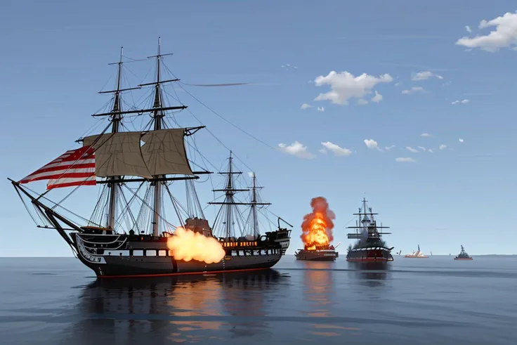 <lora:USS_Constitution_Frigate:0.8> comic, 3d, two ships, constitution, frigate, high seas, in battle with a pirate ship, firing guns,