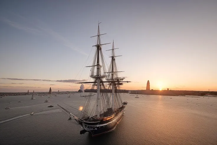 <lora:USS_Constitution_Frigate:0.8> constitution, frigate, sunset, strong winds, scenic, cinematic, highly detailed, from above