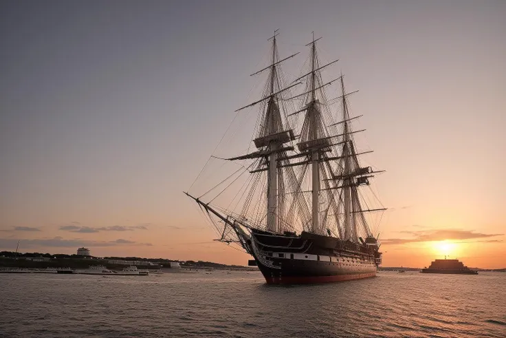 <lora:USS_Constitution_Frigate:0.8> constitution, frigate, sunset, strong winds, scenic, cinematic, highly detailed, from below