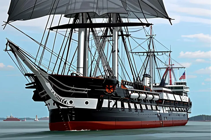 <lora:USS_Constitution_Frigate:0.8> comic, two ships, constitution, frigate, close-up