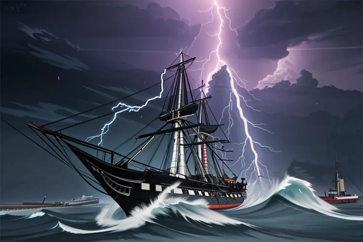 <lora:USS_Constitution_Frigate:0.8> octane render, constitution, frigate, close-up, high waves, storm, rain, lightning, heavy clouds, dark sky, dramatic, dramatic light,