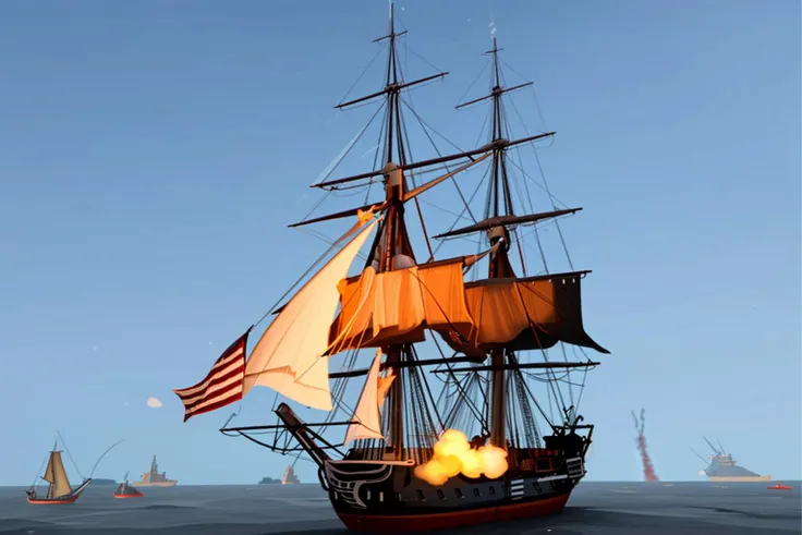<lora:USS_Constitution_Frigate:0.8> comic, 3d, two ships, constitution, frigate, high seas, in battle with a pirate ship, firing guns,