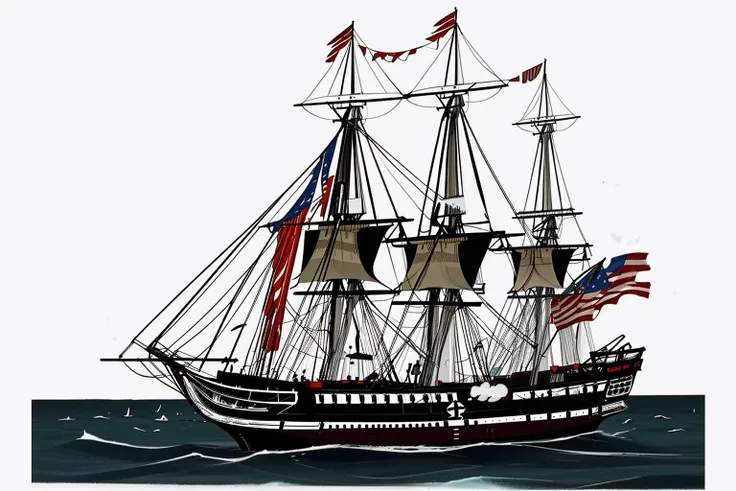 <lora:USS_Constitution_Frigate:0.8> cartoon, two ships, constitution, frigate, high seas, in battle with a pirate ship, firing guns