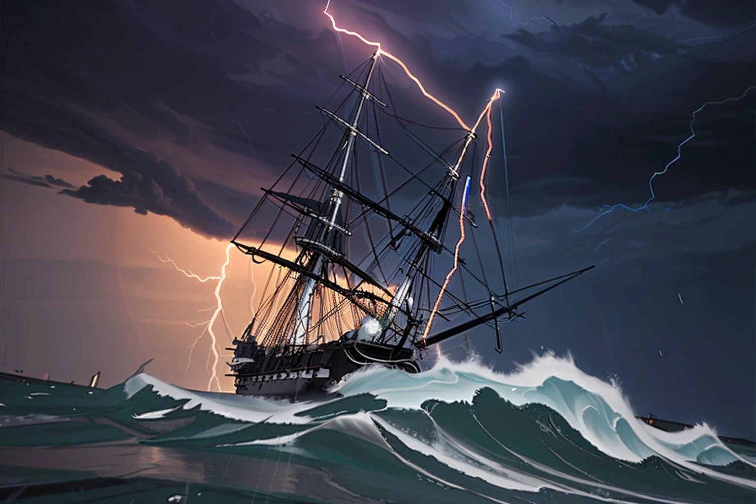 <lora:USS_Constitution_Frigate:0.8> octane render, constitution, frigate, close-up, high waves, storm, rain, lightning, heavy clouds, dark sky, dramatic, dramatic light, low angle,