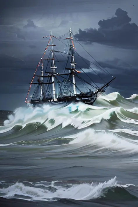 <lora:USS_Constitution_Frigate:0.8> cinematic, constitution, frigate, close-up, high waves, storm, rain, lightning, heavy clouds, dark sky, dramatic, dramatic light, low angle,