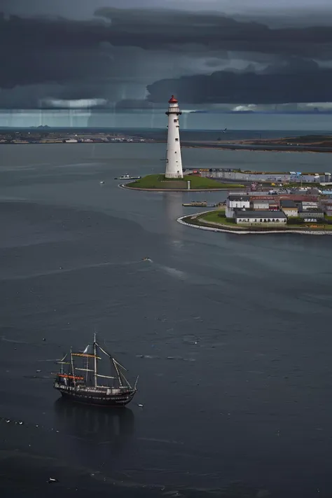 Seaqscape, shoreline, lighthouse, cinematic, constitution, frigate from a distance, storm, rain, heavy clouds, dark sky, dramatic, dramatic light, bird's eye view,
 <lora:USS_Constitution_Frigate:0.8>