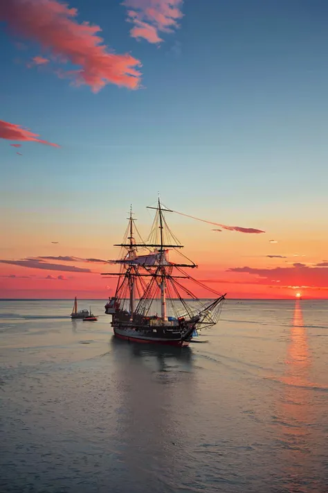 Seascape, shoreline, cinematic, constitution, frigate from a distance, sunset, warm light, clouds, romantic, bird's eye view,
 <lora:USS_Constitution_Frigate:0.8>