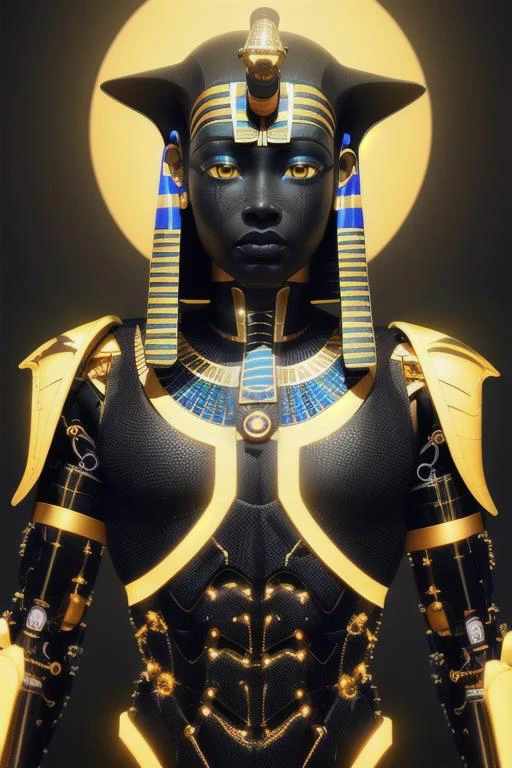 ((Egyptian cybernetic body King)) ((Male Osiris)), black and gold, ((yellow intensely shinning, illuminated eyes)), ((Photorealistic)), bioluminescent, realism, high detail, octane render, 8k, radiant light, octane render highly detailed