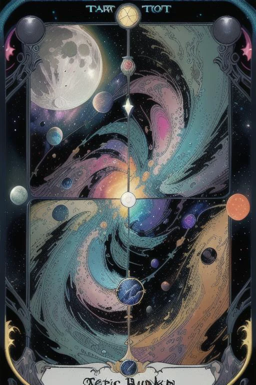 (((space themed))), (((centered colorful liquid flowing around))) (((very close))) colorful nebulas, shooting stars, bioluminescent, (((tarot card))), very coherent, high detail, octane render, 8k, <lora:animeLikeTarotCardArt_v10:0.25> , <lora:cyberpunk2077Tarot_tarotCard:0.25> , (tarot512)