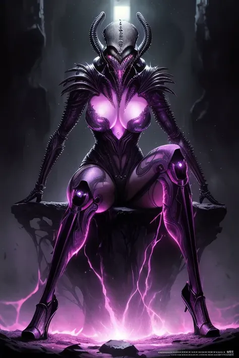 award winning, detailed fearsome giger alien queen, dark fantasy, dynamic pose, (((full body))) , (((sitting))) (bio-mechanical alien demon) drenched in black goo, intimidating, menacing, powerful, low angle, horror, dark, grungy, dynamic pose, glowing veins, (((photorealistic))) , Unreal engine, Octane render, (((8K))) , trending on artstation, highly detailed, fine detail, intricate, (lens flare:0.6), (backlighting:0.8), (bloom:0.8), shallow depth of field, by Stefan Gesell,