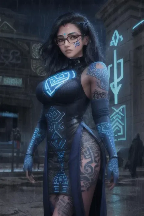 Highest Quality, masterpiece, (diffused soft light), dramatic lighting, highly detailed photo, of (nerdy cyberpunk woman with luxuriant hair, standing in the rain), (NIGHT), gloomy, perfect face, [[big alluring eyes]], (wearing ornate futuristic dress), ((glasses)), (highly detailed skin), (ancient rune tattoos:1.5), toned body, ordinary breasts, sfw, [silhouette], shallow depth of field, (bloom:0.5), (lens flare:0.5), <lora:Blacklight_v1:2>