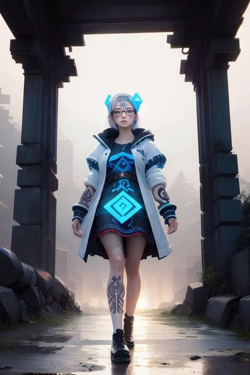 Highest Quality, masterpiece, (diffused soft light), dramatic lighting, highly detailed photo, of (nerdy cyberpunk woman with luxuriant hair, standing in the rain), (NIGHT), gloomy, perfect face, [[big alluring eyes]], (wearing ornate futuristic dress), ((glasses)), (highly detailed skin), (ancient rune tattoos:1.5), toned body, ordinary breasts, sfw, [silhouette], shallow depth of field, (bloom:0.5), (lens flare:0.5), <lora:Blacklight_v1:2>, [(white background:1.5),::5] hexagon, 1 girl, mid shot, full body,  ((<lora:gachaSplashLORA_gachaSplash30:1.5>))