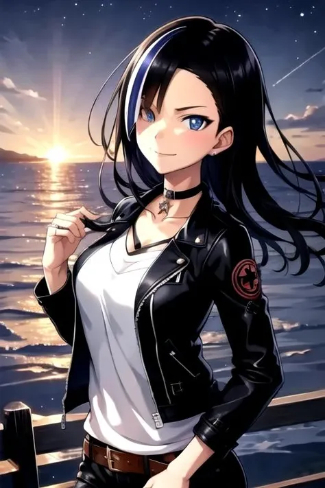 <lora:MinamiKurose-03:0.8>, minamikurose, looking at viewer, smile, blue eyes, shirt, jewelry, medium breasts, jacket, outdoors, open clothes, sky, choker, belt, pants, water, collar, bracelet, open jacket, black jacket, orange eyes, dutch angle, night, floating hair, glowing, heterochromia, black pants, ring, star (sky), night sky, starry sky, watercraft, leather, glowing eye, leather jacket