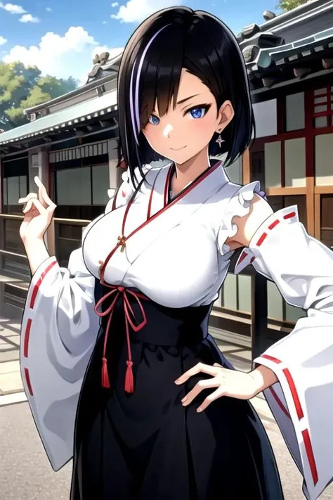 <lora:MinamiKurose-03:0.8>, minamikurose, looking at viewer, smile, short hair, blue eyes, skirt, long sleeves, jewelry, closed mouth, earrings, outdoors, japanese clothes, cloud, wide sleeves, outstretched arm, ribbon trim, hakama, hakama skirt, ribbon-trimmed sleeves, asymmetrical hair, miko, architecture, east asian architecture, shrine, shide