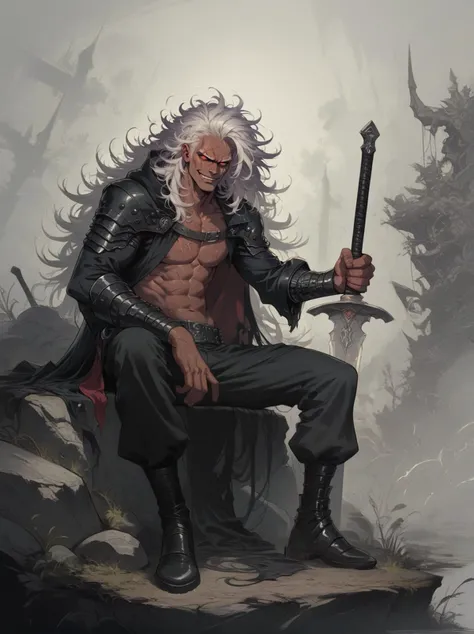 score_9,score_8_up,score_7_up, score_6, a warrior sitting on a rock, 1boy, barbarian, muscular, sharp theeth, red eyes, black leather pants, tanned skin, long hair, messy hair, spiky hair, scar, multiple scar, smirk, looking at viewer, weapon, giant_sword,, full body, solo, mediavel(/theme), fantasy(/theme),   <lora:Expressive_H:0.8> Expressiveh <lora:add-detail-xl:0.8> ><lora:Sinozick_Style_XL_Pony:0.6> sinozick style, flat color, dark theme <lora:officialpit_v2-8:0.4>         zPDXL <lora:Concept Art Ultimatum Style LoRA_Pony XL v6:0.8> concept art, digital art, realistic <lora:Anime_Girl_w_Big_Sword_v1.5:0.8>