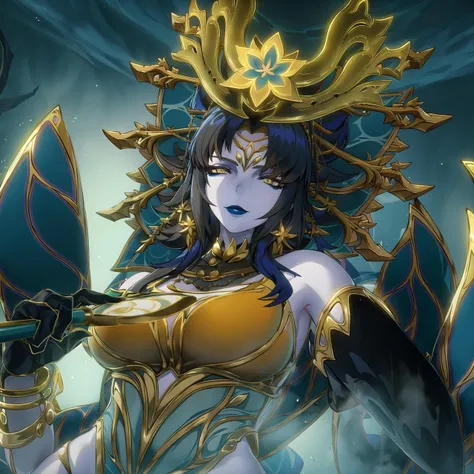 (masterpieces,best quality),1 girl,milf,mature female,phantylia, long_hair,makeup,hand fan, giantess,steaming body,parted bangs, large_breasts, forehead_mark,blue hair,yellow eyes,blue skin,colored skin,hair ornament,lipstick, bead necklace,detached sleeves,facial mark,jewelry,<lora:phantylia1_any3_Lion_768_128_BETA-000014:0.75>,upper body,leaning on table, leaning forward, smirk1,evil smile,grin,narrowed eyes,(from below:1.4) ,(cowboy shot:1.6),(navel,navel cutout:0.5),