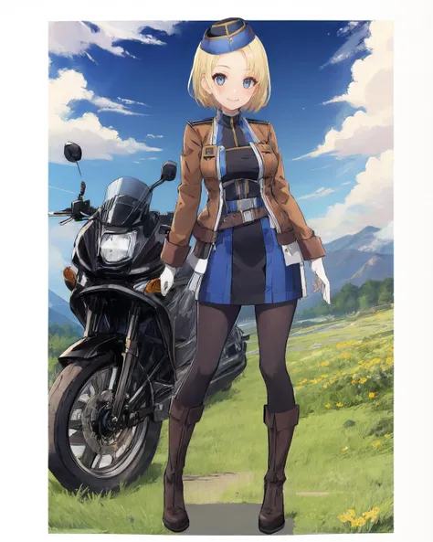 best quality, (masterpiece:1.2), illustration, absurdres, <lora:flat2:0.5>, <lora:hairdetailer:0.5>, <lora:boldline:-1.4>, <lora:clearcolor_v1.7_lbw:0.7>,
(1girl, solo, beautiful detailed girl), full body,
<lora:Theresia-000007:0.9>, Theresia Caroline, short hair, blonde hair, blue eyes, medium breasts,
garrison cap, brown jacket, blue military uniform, brown belt, blue skirt, black pantyhose, black boots,
field, prairie, sky, clouds, distant mountains,
looking at viewer, gentle smile,
