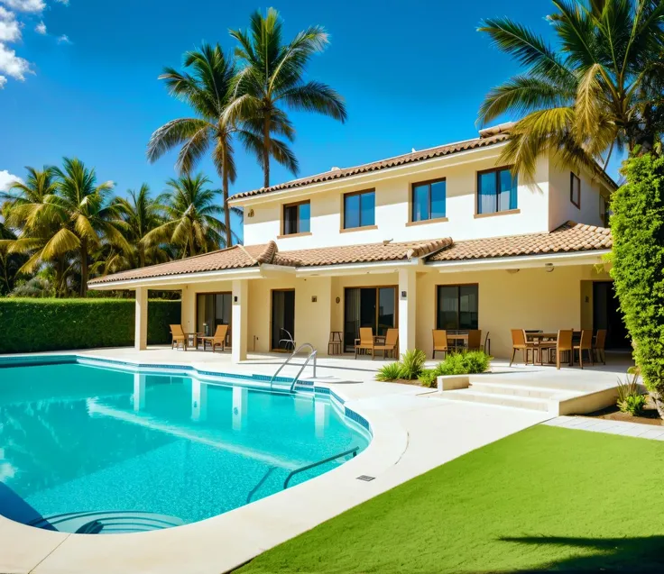 house, pool, palm trees, day time, sunny, HD, photography, photograph, high quality, best quality, masterpiece, detailed, 4k, 8k, <lora:epiCRealismHelper:0.8>