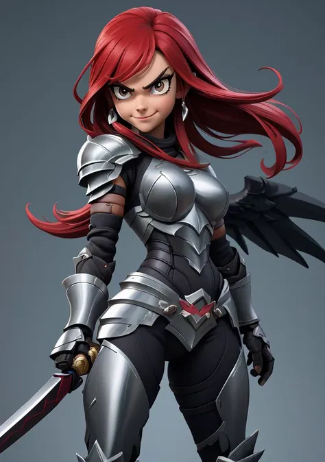 <lora:erza_scarlet:1>, Erza scarlet is a middle aged woman. small head. ratio of her head to body is roughly 1:8. She is holding a sword in front of her, portrait shot. athletic woman. D cup breasts. Erza armor. Black Wing armor. Sexy armor. ebony armor. , Metal Cuirass. Round, metal shoulder Armor, gauntlets, metal gloves, bare arms . Her facial expression has a furrowed brow and a confident smile. Angry brow. Serious eyes. Angular eye brows. Playful smile
Use realistic cartoon shading with a strong outline, excellent edge lighting and deep shadows. Clear face, distinct eyes, HD, high quality, masterpiece.  sharp focus, crisp lines, smooth gradients, no noise,  anatomy accurate hands. 2 arms