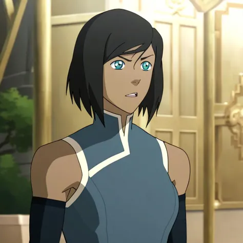 closeup image in lk artstyle of Korra with sh hairstyle wearing fs outfit