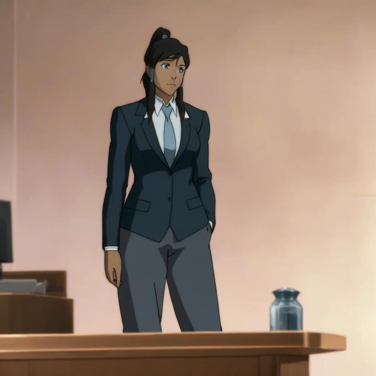 full-length image in lk artstyle of korra wearing a business suit