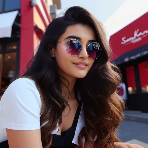 divi_k <lora:divi_k23:0.9>, highlights in hair, sitting outside a restaurant, wearing a sunglass, sunlight, sunny day