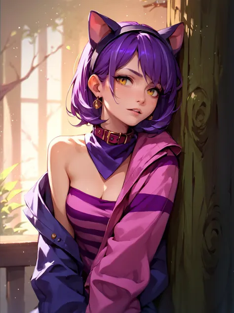 score_9, score_8_up, score_7_up, score_6_up,  <lora:cheshire:1> ch3sh1re_costume, 1girl, purple hair,