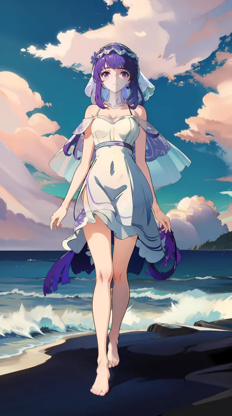 masterpiece,best quality,1girl, (((veil))),purple hair, long hair, happy,slip dress, ((white dress)),looking at viewer,barefoot, walking, seaside, beach, sunlight, day,<lora:shaosiming_13200:1.4>