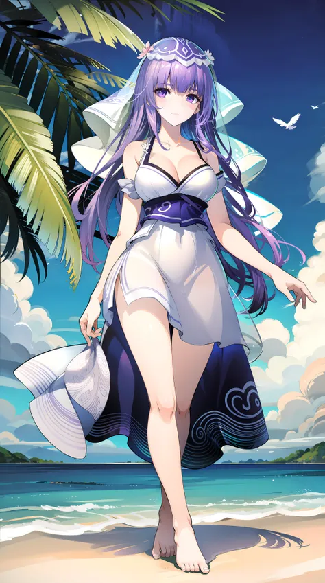 masterpiece,best quality,1girl, ((((veil)))),purple hair, long hair, happy,slip dress, ((white dress)),looking at viewer,barefoot, walking, seaside, beach, sunlight, day,<lora:shaosiming_13200:1.4>